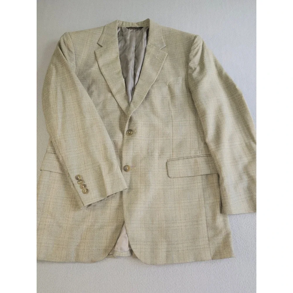 Jos. A. Bank Blazer Mens 40R Beige Silk Wool Glen Plaid Signature Sport Coat